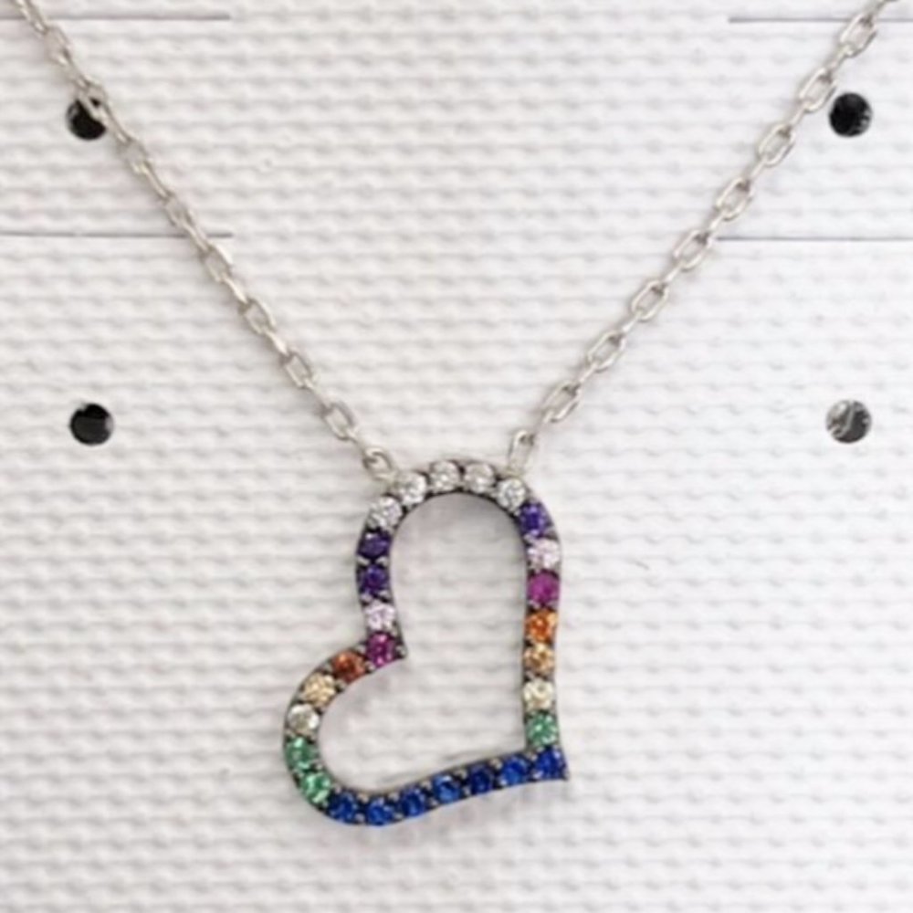 Silver Rainbow Heart Pendant Necklace - Multicolor Gem Accents